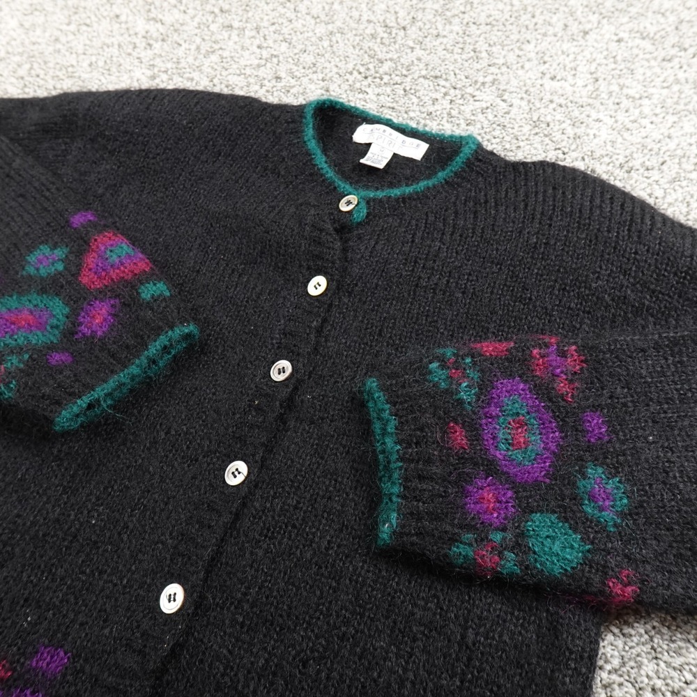VTG Mohair Sweater Womens M Black Knit Abstract Floral Button Cardigan Grandma‎